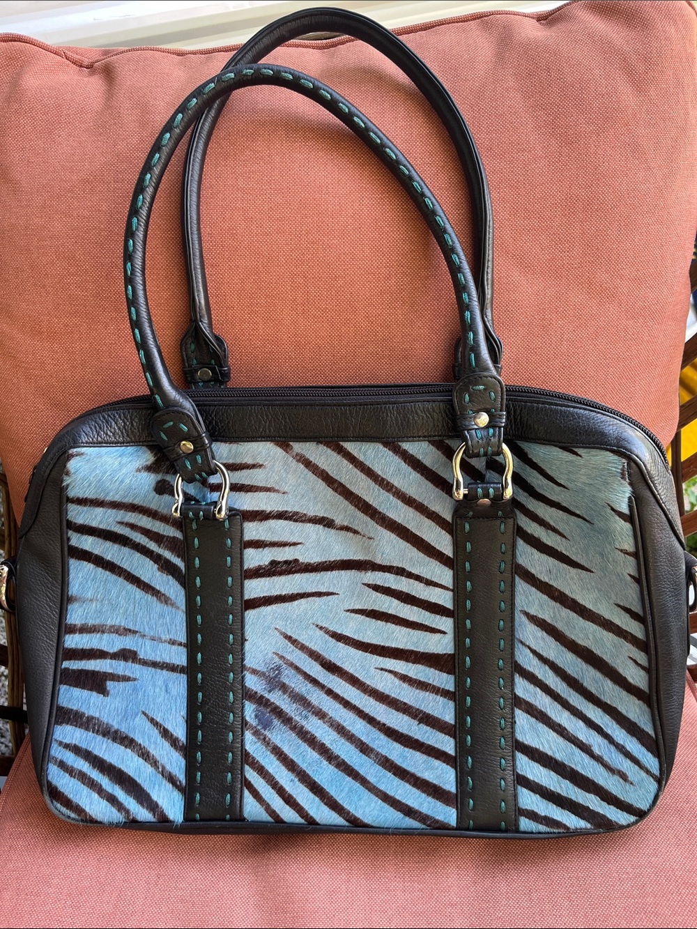 Scully Hair on hide Light Blue Zebra-Print Tote with Black Trim.